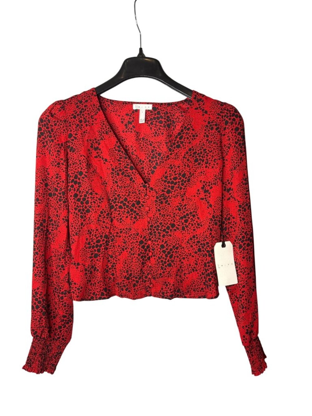 Leith Button Front Crop Top S Long Sleeve Red Chili Black Dot Semi Sheer New